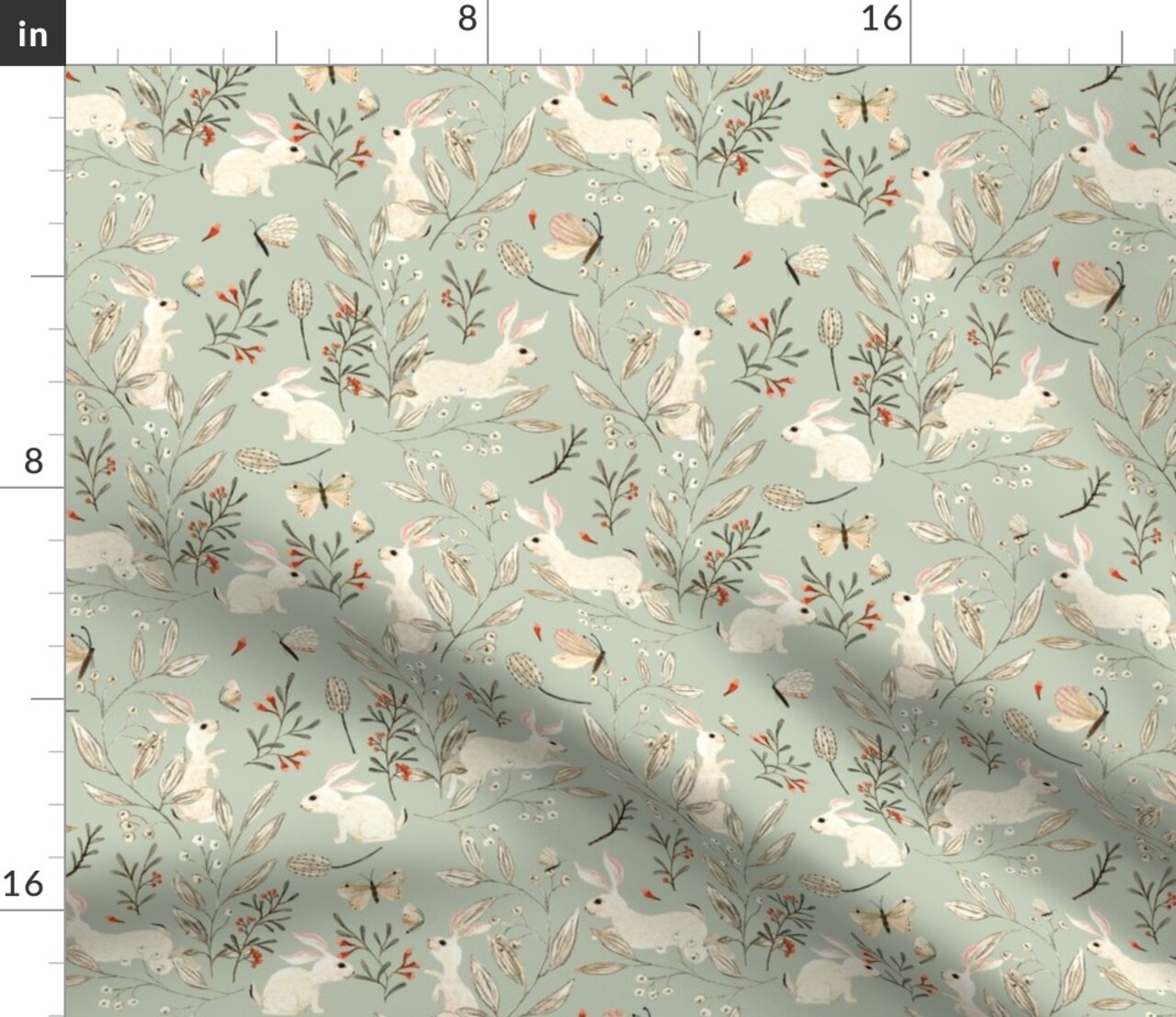 Whimsical Bunnies Easter Bunny Woodland Animals Forest Butterflies Sage Green Custom Printed Fabric by Spoonflower Various Fabrics by the Yard or Fat Quarter